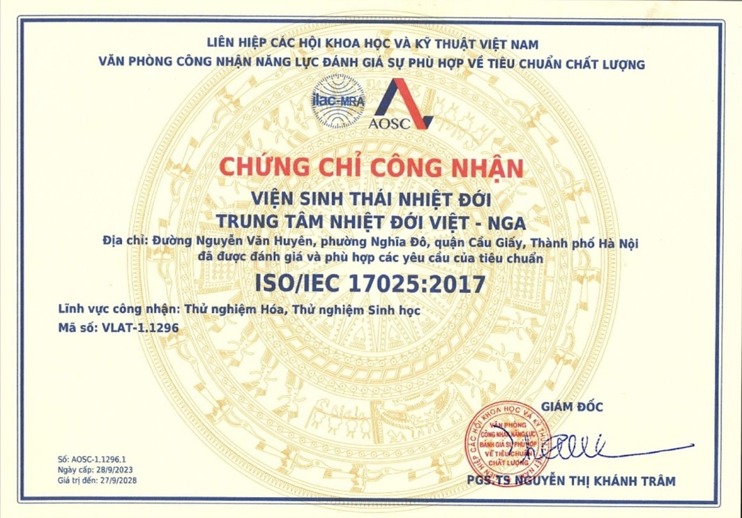 Công nhận năng lực Phòng thí nghiệm Viện Sinh thái nhiệt đới đáp ứng theo tiêu chuẩn ISO/IEC 17025:2017